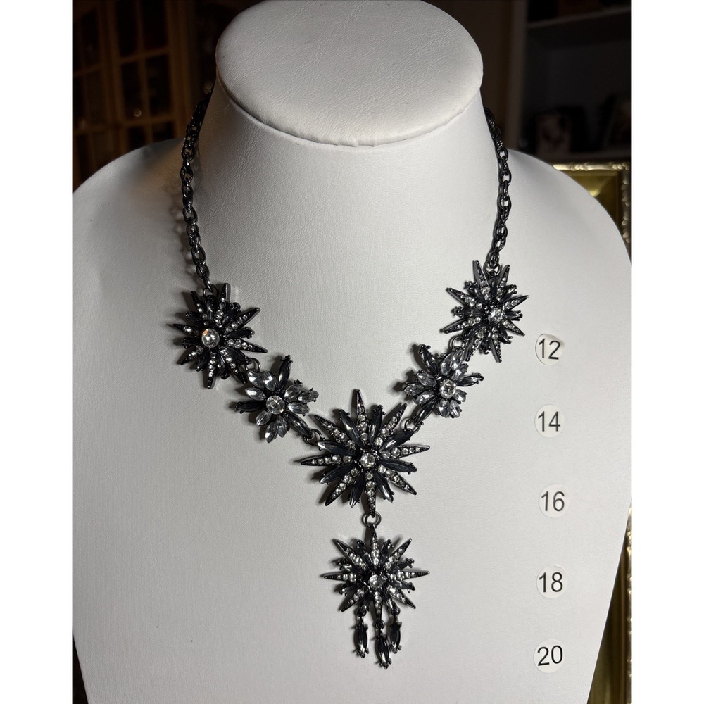 Black Rhinestone Starburst Floral Statement Necklace Smoky Gray Crystal Bib